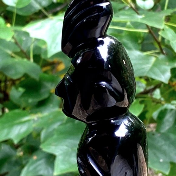 Aztec Black Onyx Gold Mayan Obsidian Carved Statue Stone Sitting Tiki Figure - Picture 9 of 13